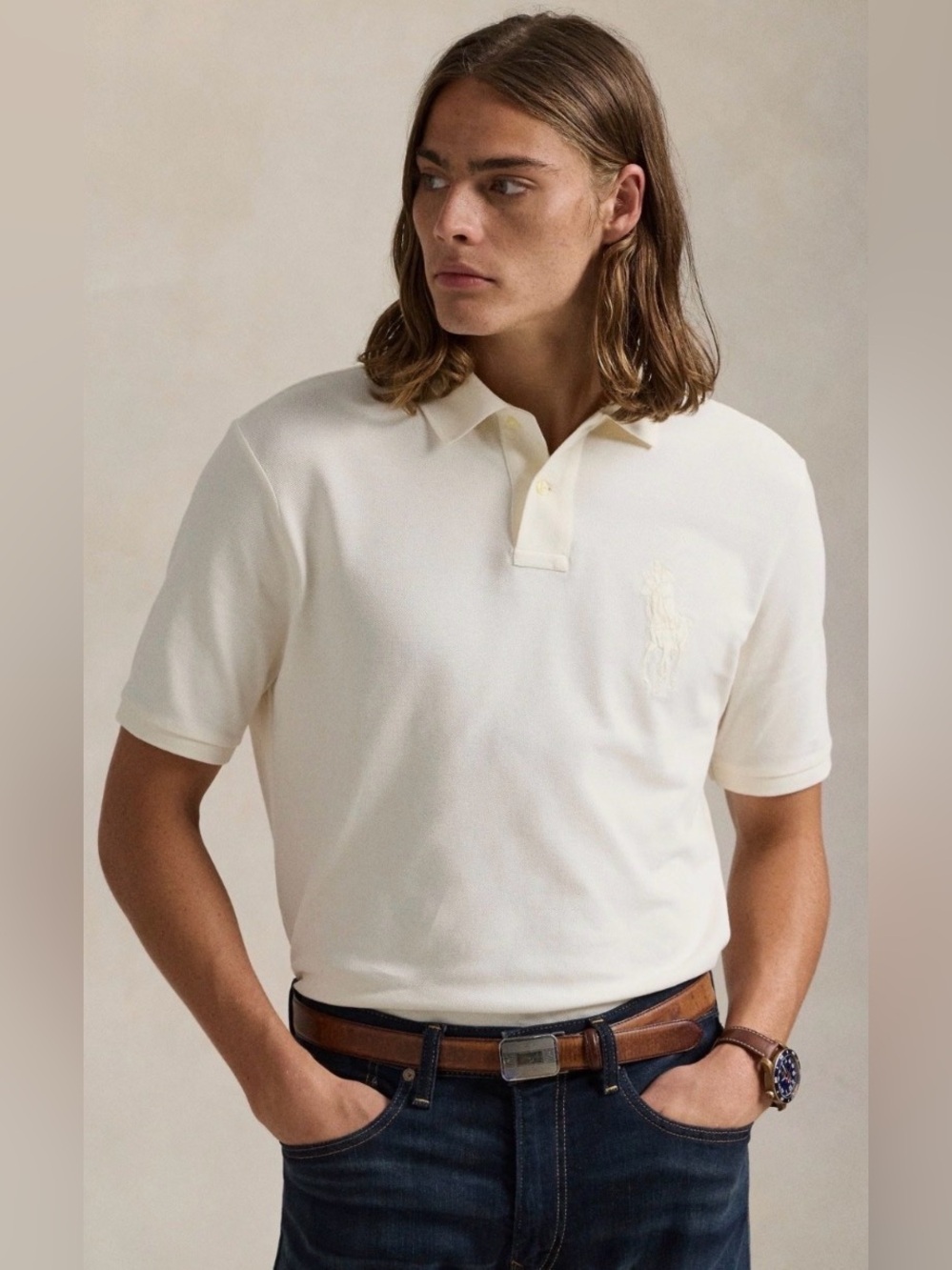 Polo Ralph Lauren Cream BIG PONY Mesh Knit Custom Slim Fit Collared Polo Shirt